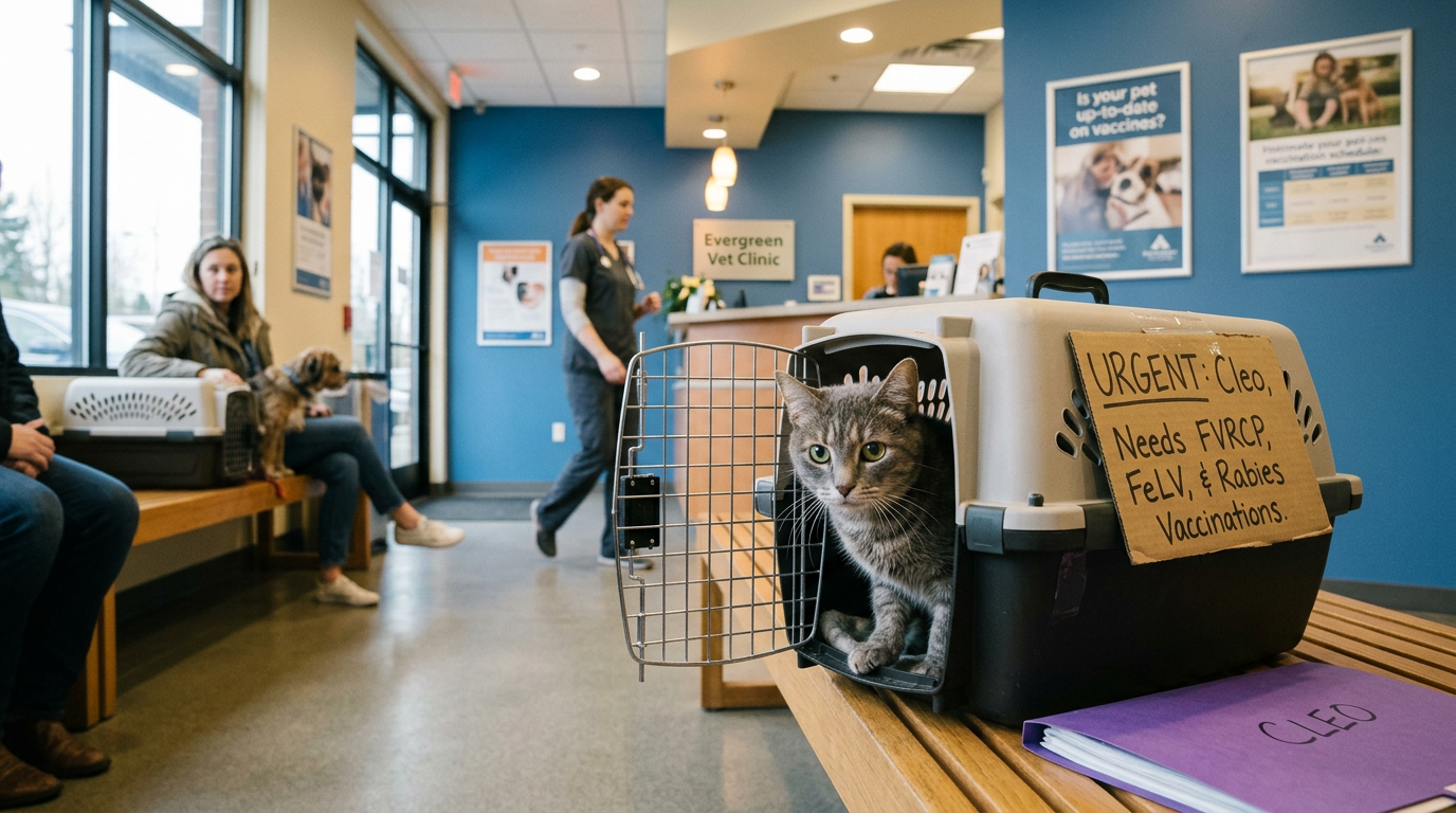 A calm kitten receiving their first set of vaccinations in Beaverton