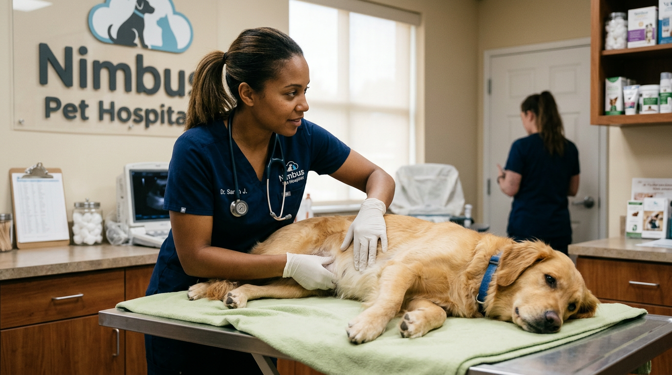A concerned dog with an upset stomach being comforted by a veterinarian