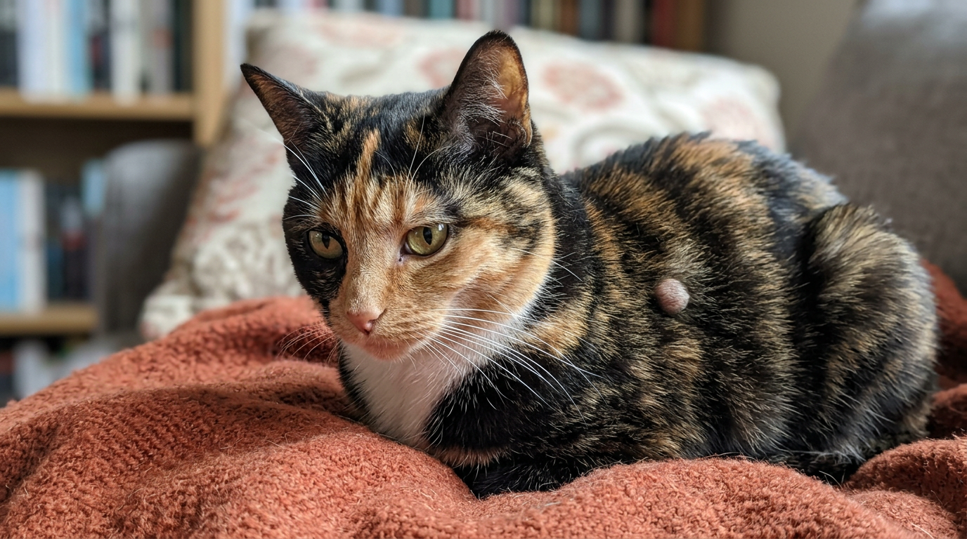 A cat being examined closely for a concerning growth