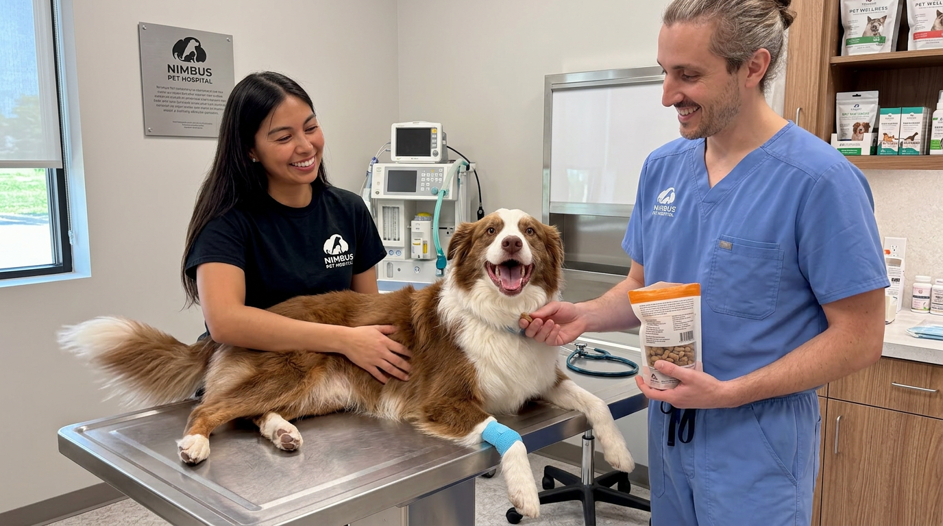A happy dog receiving localized care at Nimbus Pet Hospital