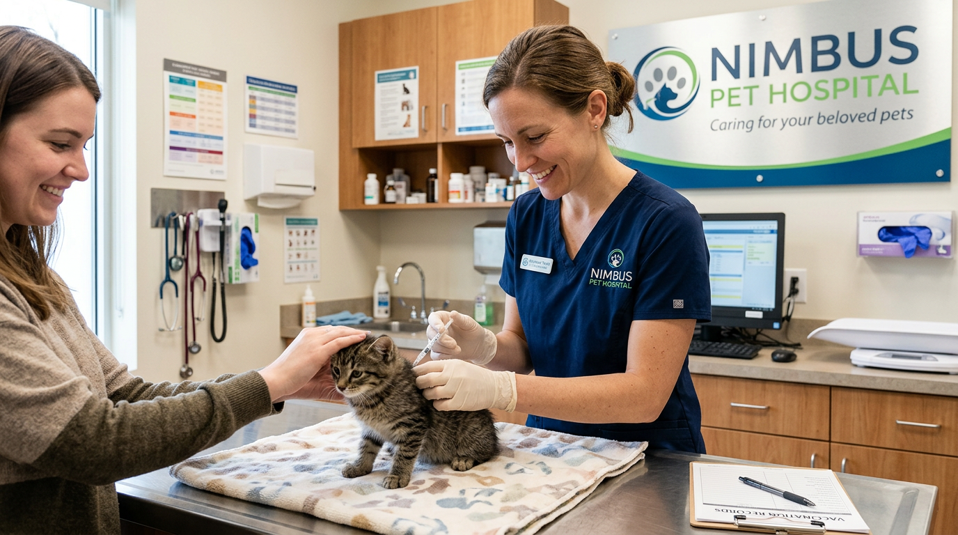 A Tigard veterinarian discussing post-immunization care with a pet owner
