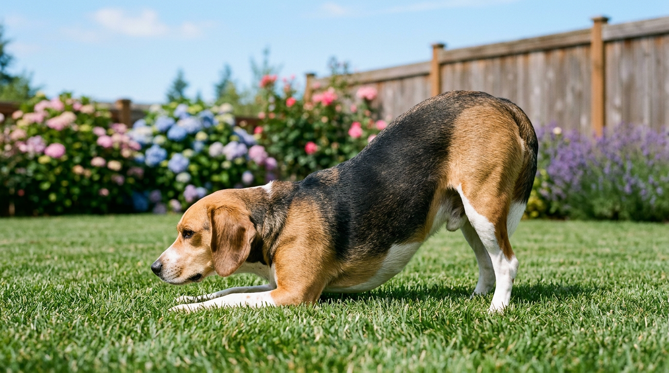 A dog in the abdominal distress stance