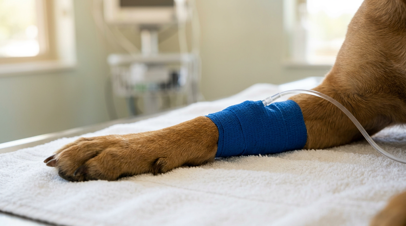 Emergency intravenous fluid therapy administered to a dog