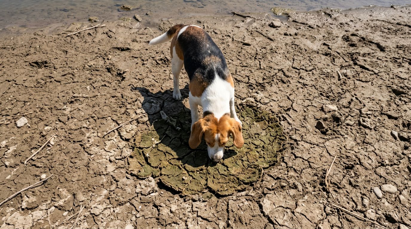 A dog scavenging near a potentially toxic shoreline