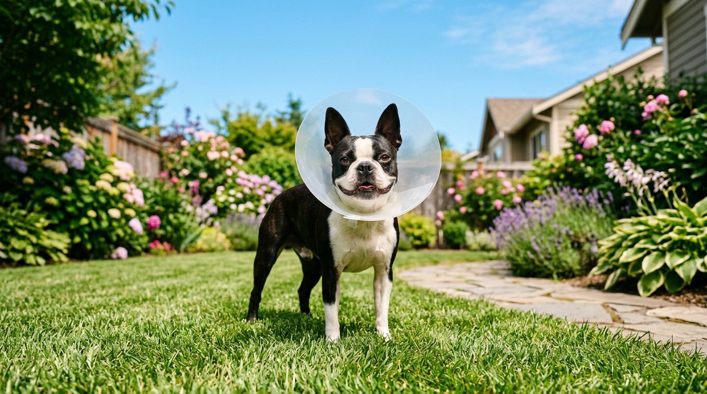 A dog in safe post-operative recovery