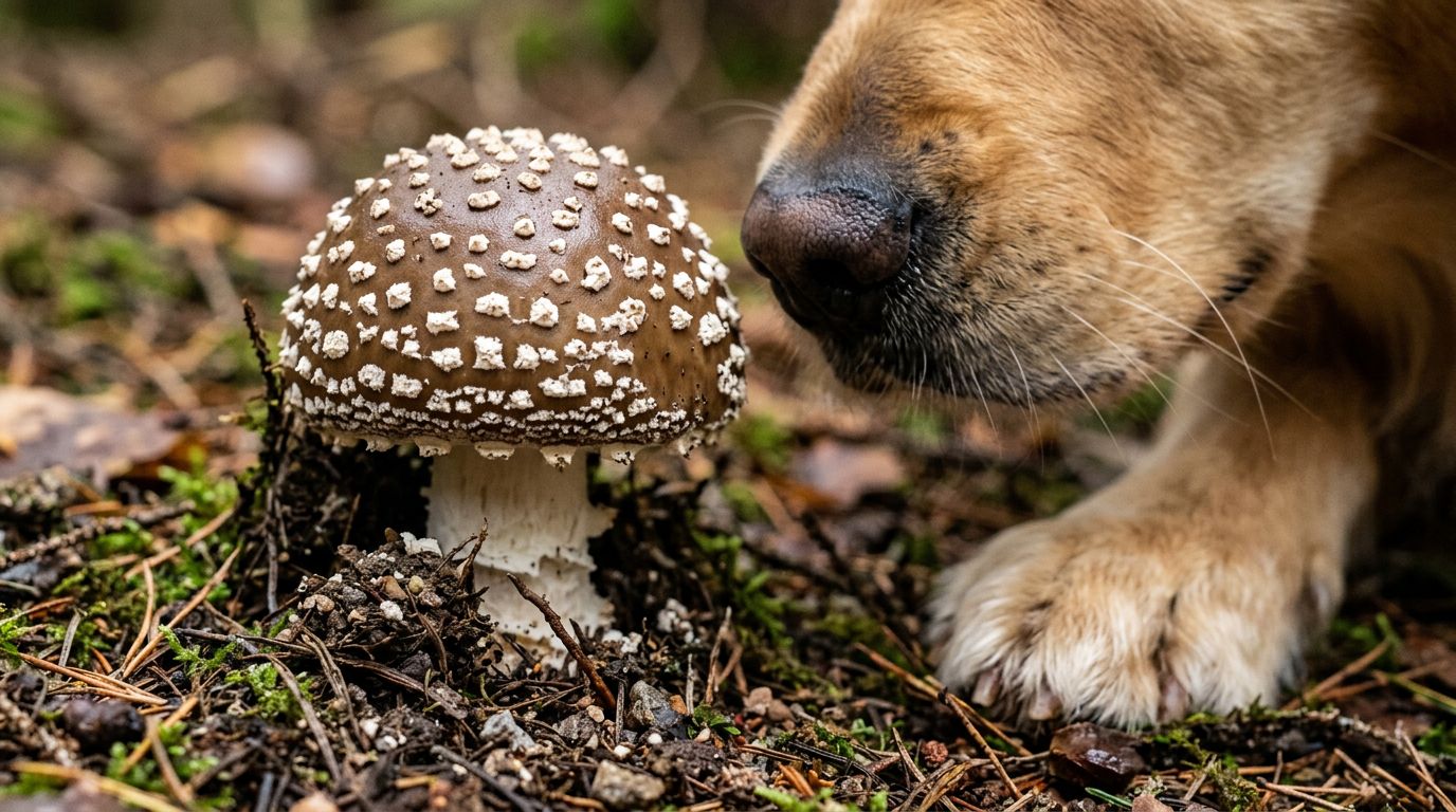 A dog encountering a Panther Cap mushroom