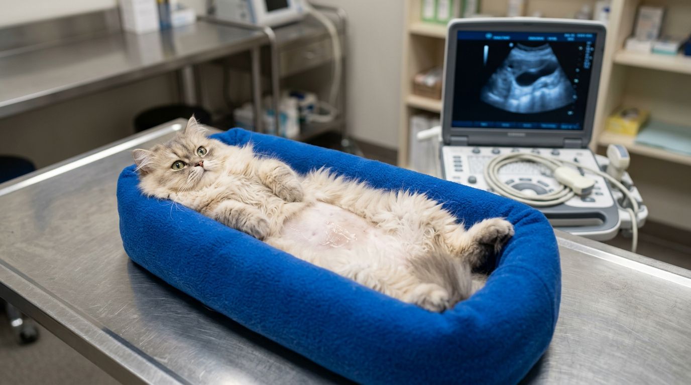 A cat receiving diagnostic ultrasound prep at Nimbus Pet Hospital
